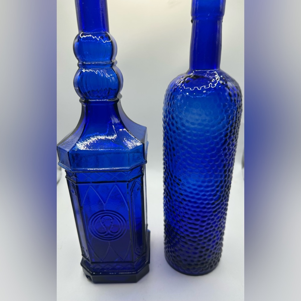 Cobalt Blue Ornate Recycled Glass Bottles Made In Spain Vintage Set Of 2 - Picture 2 of 8
